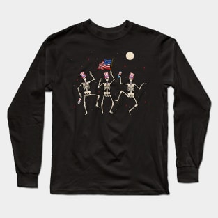 Dancing Skeleton 4th of July American Flag Skellies Long Sleeve T-Shirt